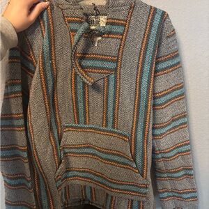 Striped Cowl Neck Sweater - Gray, Orange, Blue